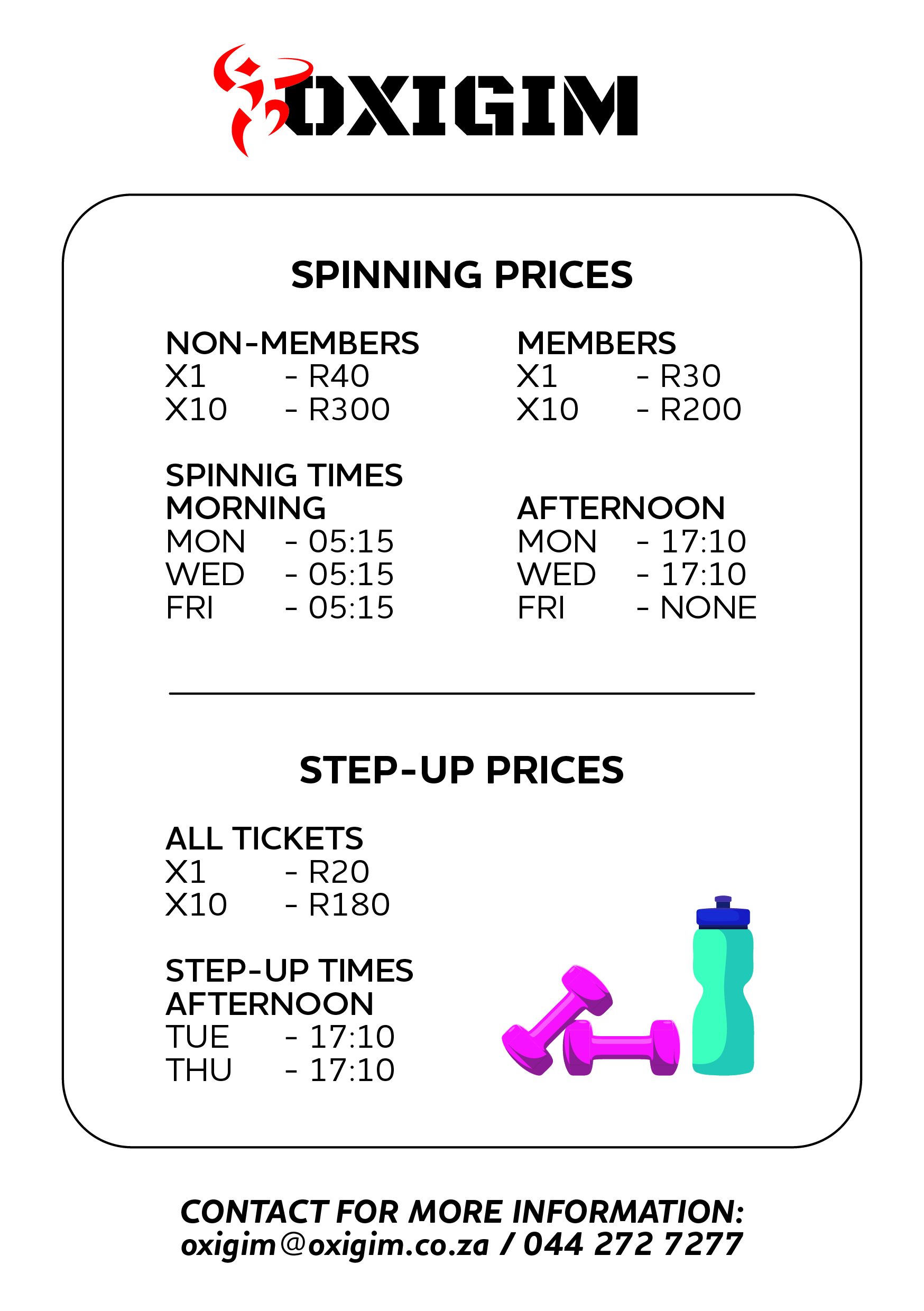 Oxigim spinning and step-up class price list